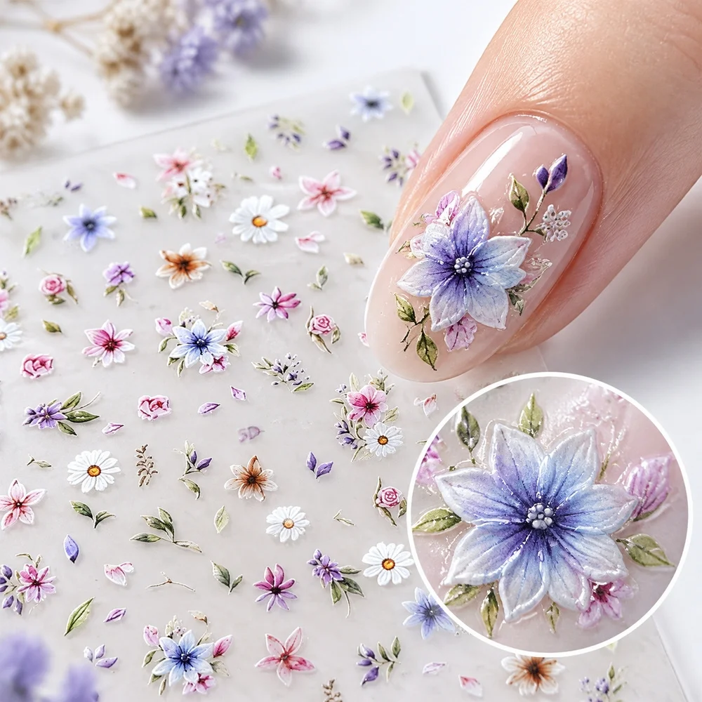 1Pc Delicate Flower Nail Sticker Watercolor Daisy Blossom Pastel Blue Decal Self Adhesive For Spring Home Manicure DIY Kit