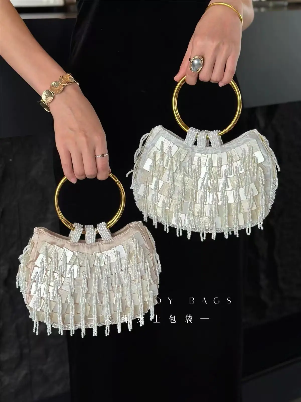 Beads Beading Tassel Clutch Purse For Wedding Party Shell Woven Handmade Women Handbag Luxury Fashion Banquet Bag Shoulder Bag