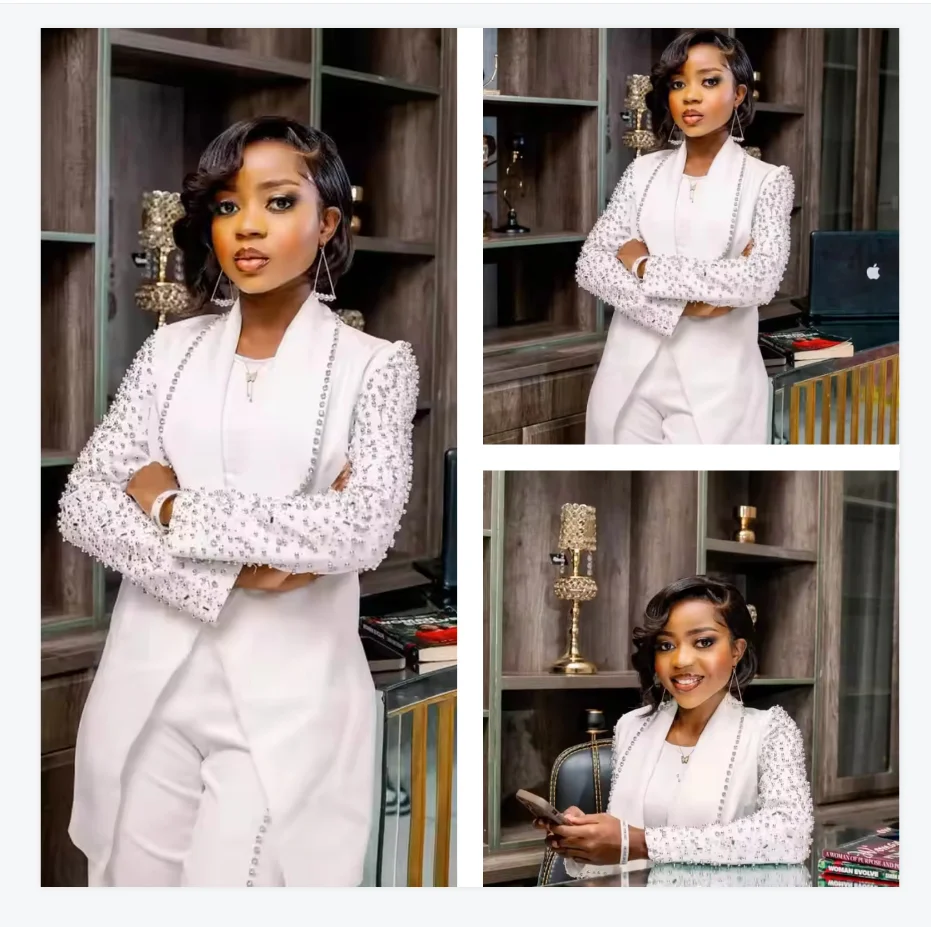 

Luxury Stone Women Suits Set 2 Piece Blazer+Pants Trousers White Formal Customized Office Lady Jacket Wedding Tuxedos Party Coat