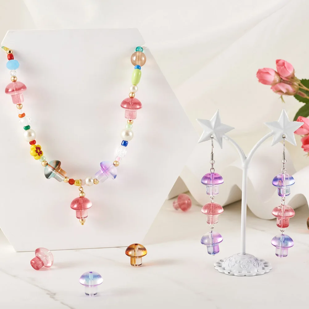 200pcs Transparent Glass Mushroom Beads 13.5x13.5mm for DIY Bracelet Earring Necklace Jewelry Making Crafts Decor Accessories