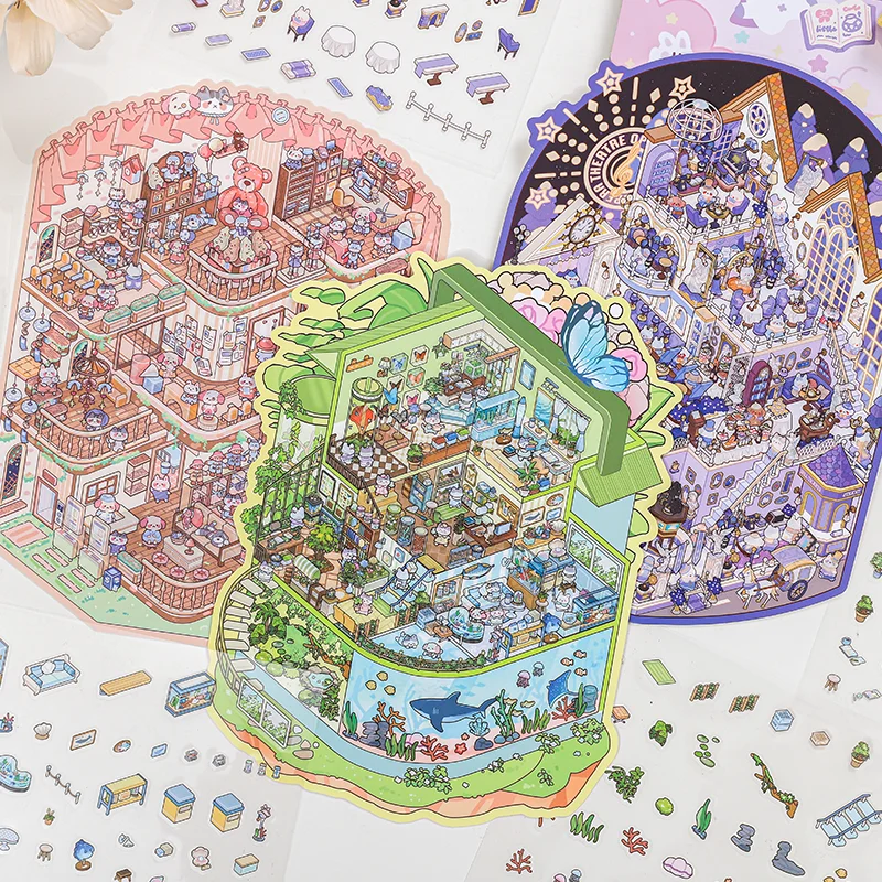 Card Lover 4 Pcs [Day And Night Fairy Tale Series] Miniature Landscaping Hand Booklet Large Size Stickers Puzzle Stickers PET