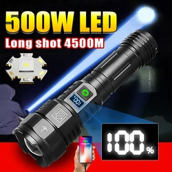 High Powerful LED Flashlight 500W Rechargeable Type-c Flashlight 18650 Long Range 4500M Tactical Torch Light For Camping Fishing