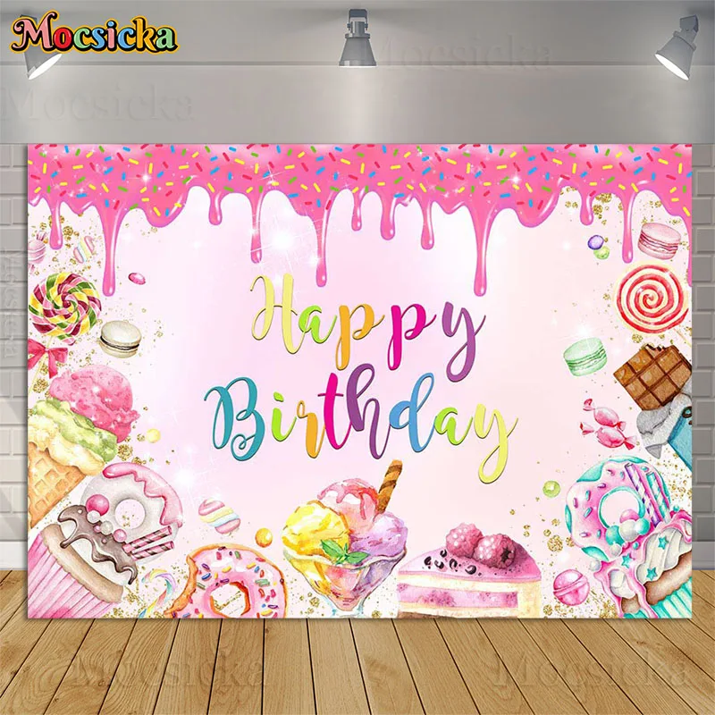 

Ice Cream Dessert Party Backdrop Candy Chocolate Donut Cake Table Decor Props Girl 1st Birthday Baby Shower Background Photocall