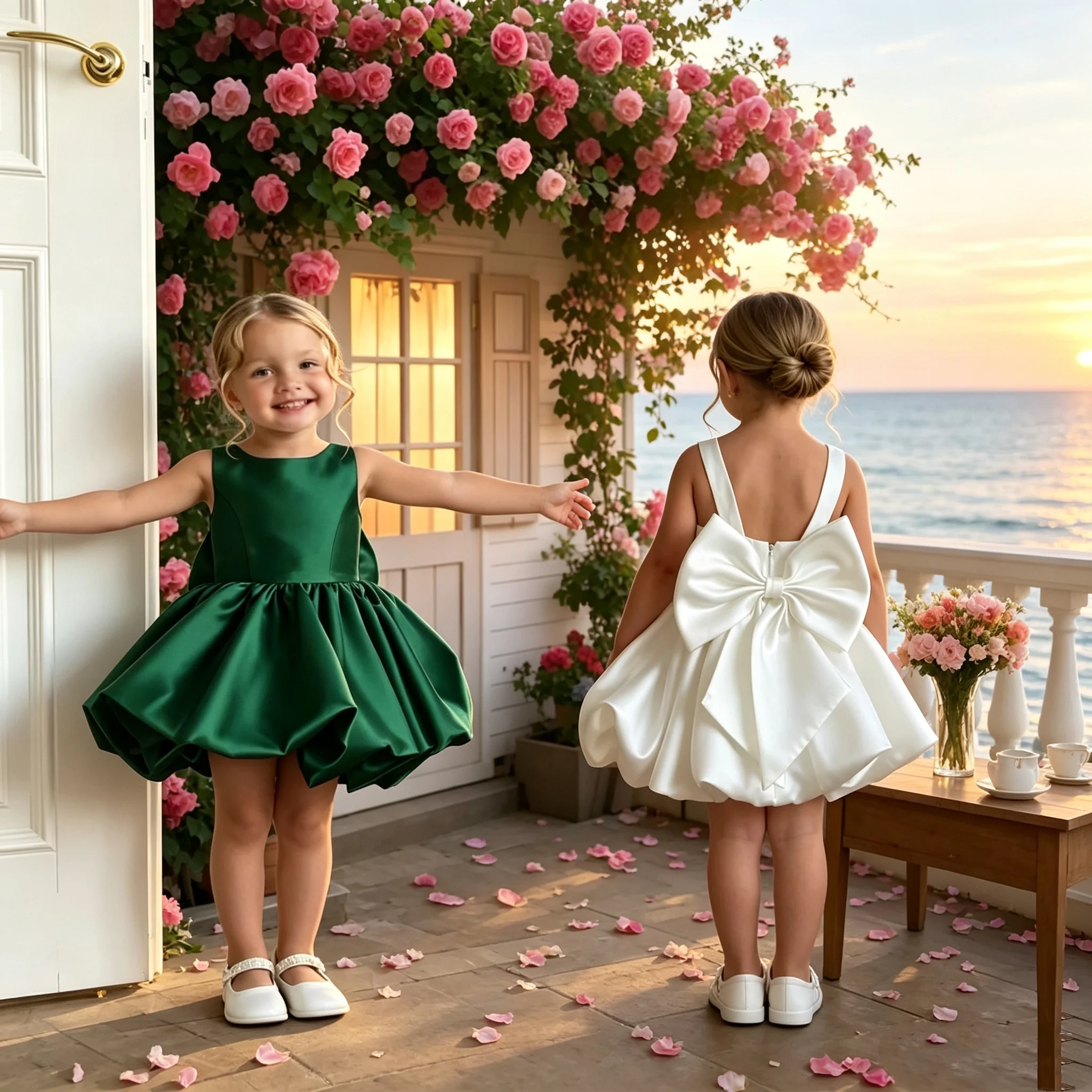 Green Satin Fabric Newborn Baby Girls Prom Dress with Bow Tie Backless Design for First Birthday Flower Girl Clothes