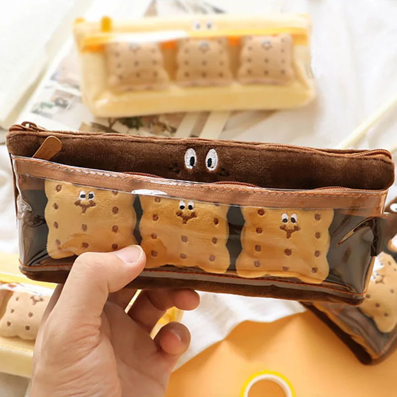 Korea Cute Plush Biscuits Girls Heart Male Female Pencil Bag Funny Pencil Cases Student Stationery Supplies Large Capacity Pouch