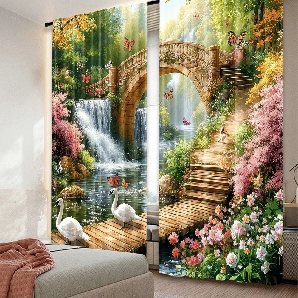 2 Stück 2D-Flachdruck klassische Weihnachtsvorhänge FairyBridge Digital bedruckte Polyester-Vorhänge Geburtstagsfeier für den Urlaub