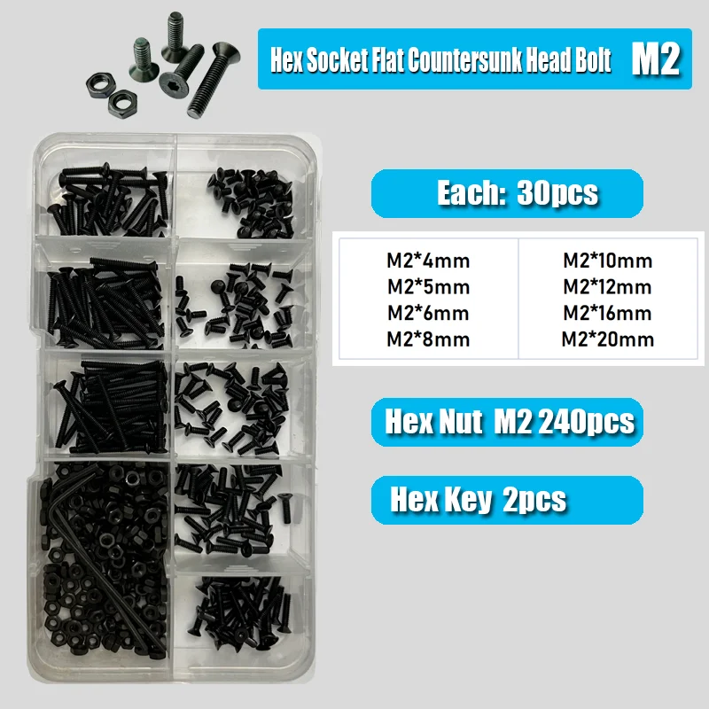 Senkkopf-Sechskantschrauben-Muttern-Set mit flachem Kopf, M2, M3, M4, M5, M6, schwarzer Stahl der Güteklasse 10,9, Innensechskant-Inbusschraube mit Senkkopf – Detail 13