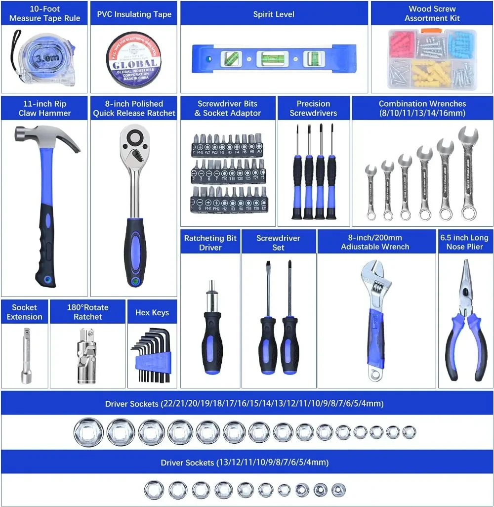 146 Piece Tool Kit, Drive Socket Set Auto Repair Tool Combination Mixed Tool Set, with Plastic Toolbox Storage Case