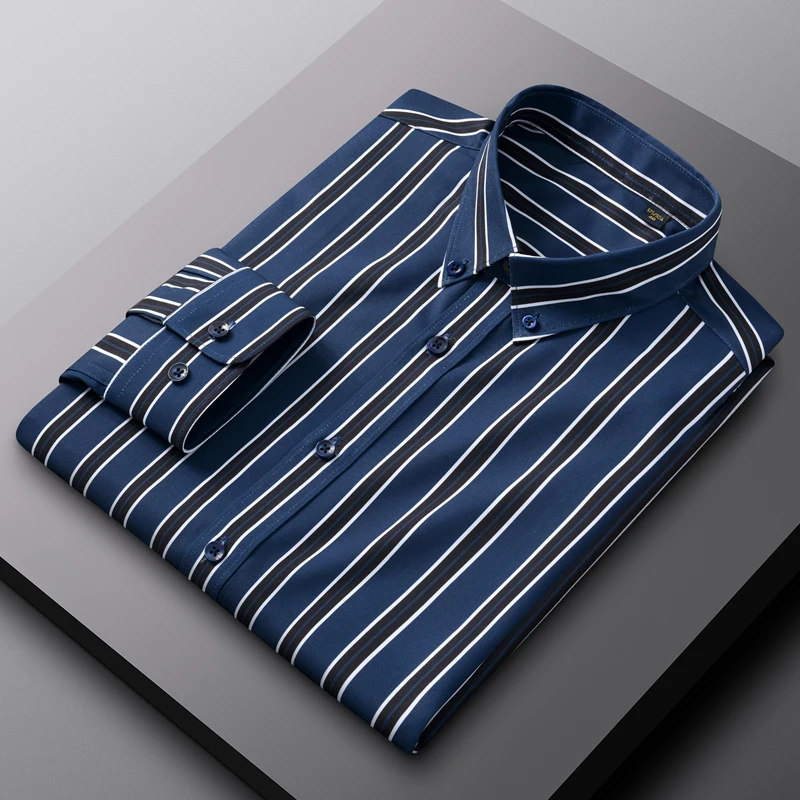 Men's Sleek Stretch Wrinkle-Free Striped Button Up Dress Shirts, Business Casual Long Sleeve Button-Down Shirt For All-Seasons