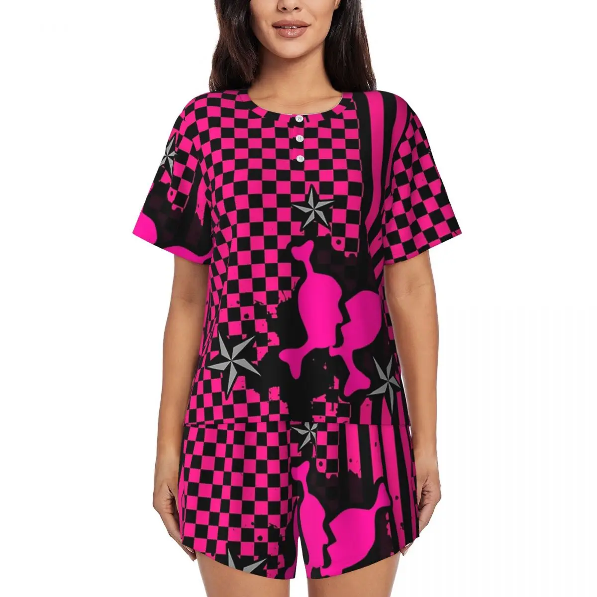 

Punky Pink Emo Round Neck Short Sleeves Nightdress for Sleeping Sleepshirts Women Soft Pajama Set Short Pants
