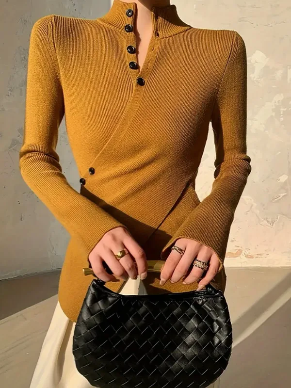 

Fashion Slim Solid Color Sweater Autumn New High Collar Button Asymmetric Knitted Pullover Casual Versatile Bottoming Shirt
