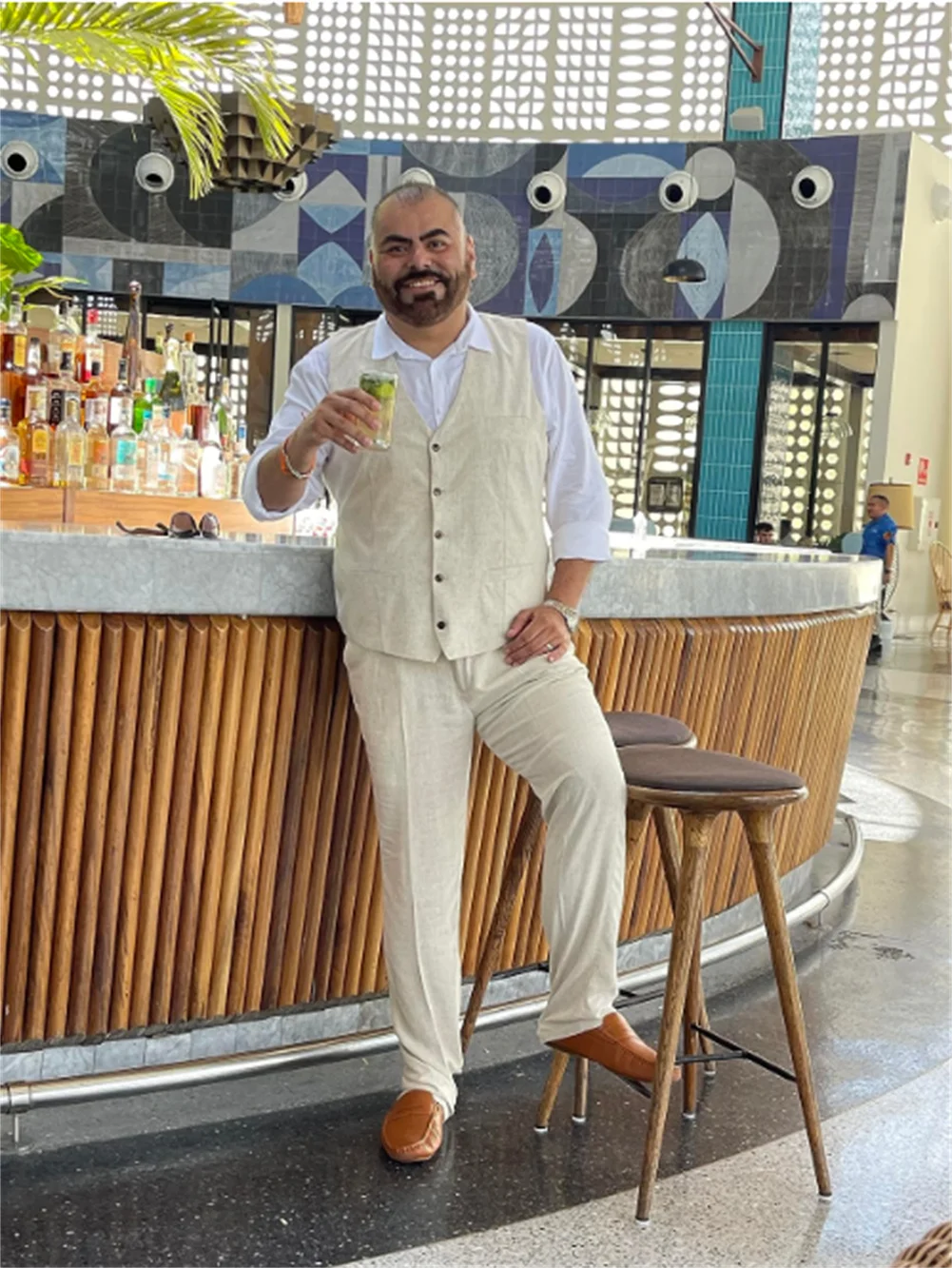 

High-End Suits Casual Linen Beige Men's 2 Pieces Suits Wedding Suits Slim Fit Groomsmen Tuxedos Summer Linen Vest Pant Groomsman