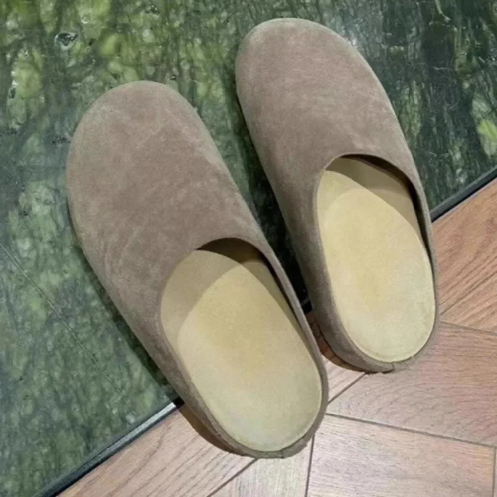 Genuine Leather Slippers Women Outside Baotou Half Slippers Female Cow Suede Leather Women Slippers Flat Bottomed Sandals Women