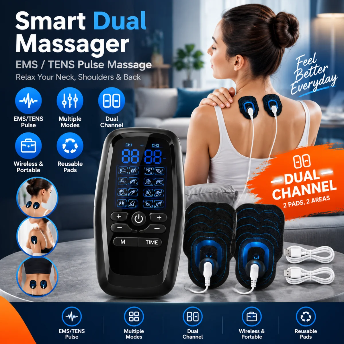 Intelligent Electric Muscle Therapy Stimulator 9-Mode 30 Intensity Levels Dual Output Massaging Device Portable EMS Body Massage