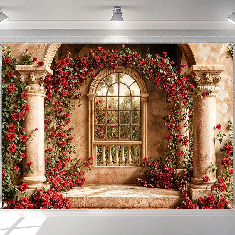 

LS Valentine Day Background Photography Retro Column Arch Door Red Rose Vintage Garden Maternity Wedding Photo Backdrop Studio