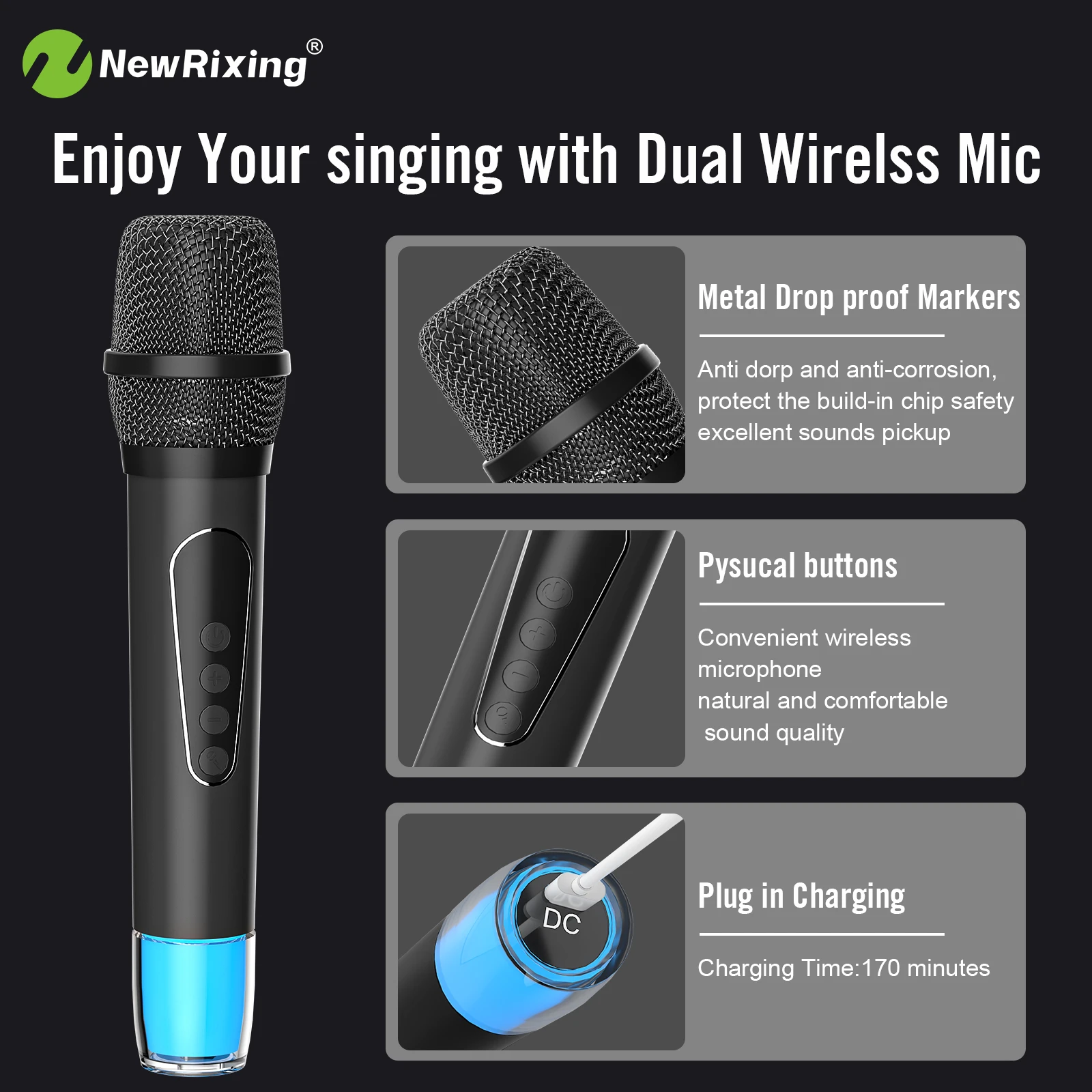 NewRixing ワイヤレススピーカー 30W NewRixing 30W Bluetooth Speaker with 2 Mics,Karaoke Machine