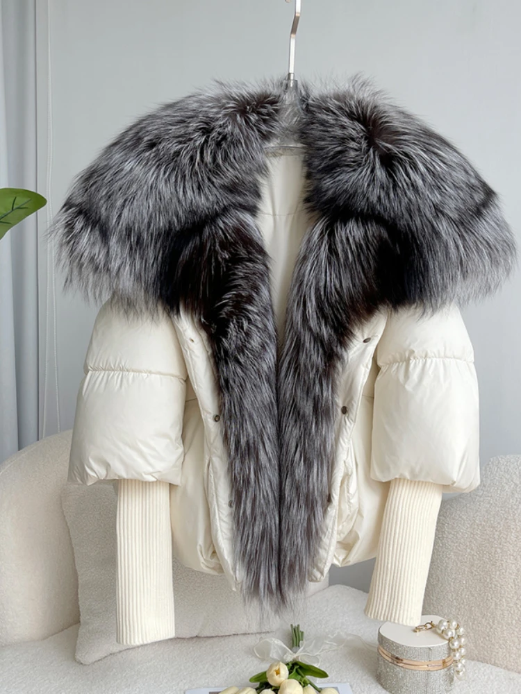 Janveny Large Real Silver Fox Fur Collar 2026 White Duck Down Jacket Women Winter Luxury Puffer Coat Oversize Feather Outwear