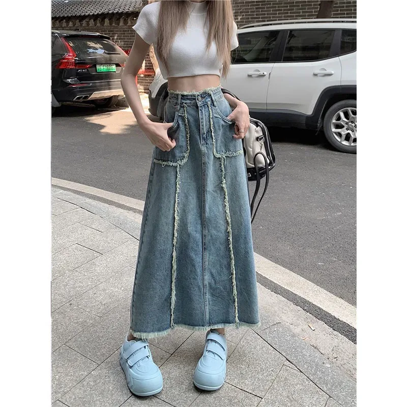 Fashion S-5XL Tassel Denim Long Skirts Womens Spring Vintage Pocket A-line Jeans Skirt High Waist Women Long Caual Skirt