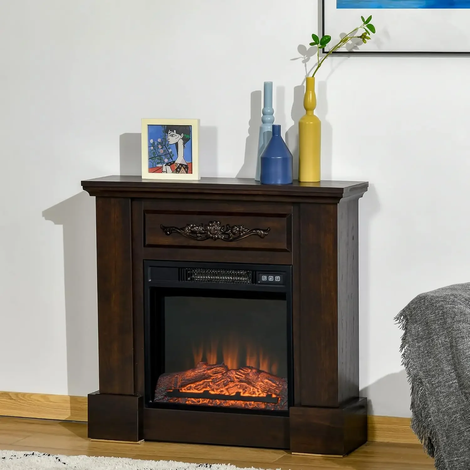 Chimenea eléctrica de 32" con repisa, calentador independiente con llama de troncos LED, protección contra sobrecalentamiento y control remoto, 1400 W, marrón