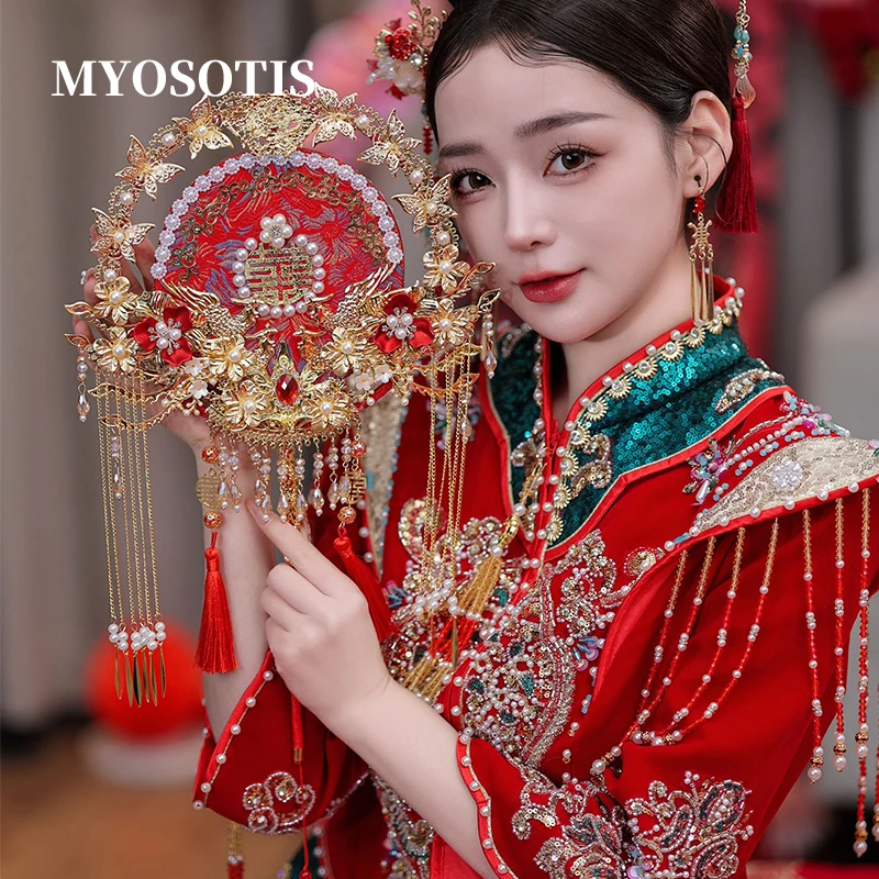 クリエイティブウェディングラウンドファン両面ファンアンティークハンドファン女性のためのハンドヘルドブライダル花家の装飾