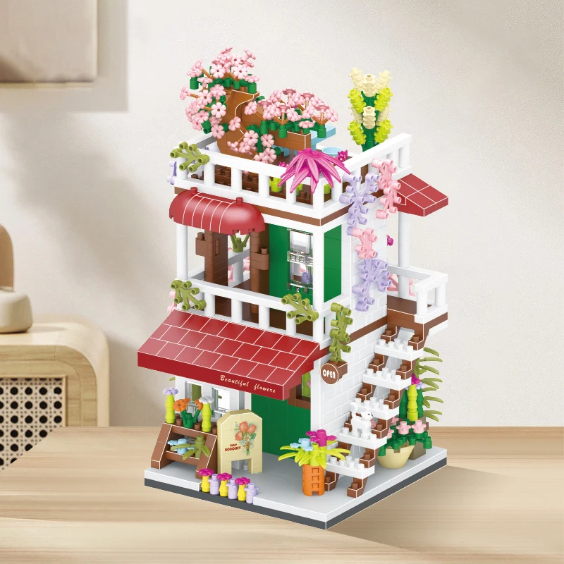 City Street View Dessert Shop Coffee Sakura Flowers Shop Mini Building Blocks Kids Toy Assembly Bricks Birthday Gift For Girls