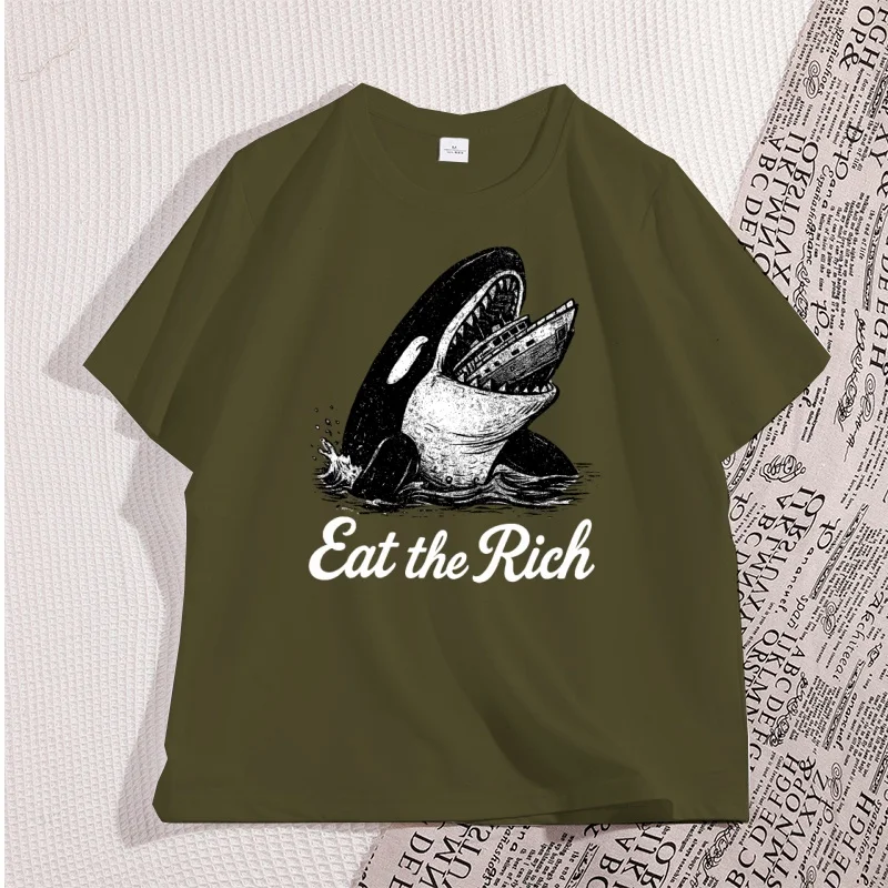 Eat The Rich Killer Whale T-Shirt Vintage Cotton Short Sleeve Tshirt Streetwear Man Short Sleeve Graphic Tee Oversized Tee view 4