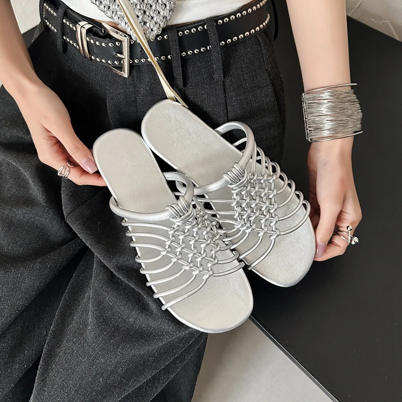 

Women's new summer round head woven hollow breathable open toe flat bottom low heel plus size fish mouth fashion slippers