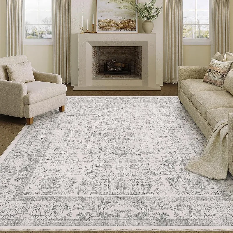 

Gray Area Rug 6x9 Machine Washable Vintage Living Room Distressed Non Slip Carpet Traditional Indoor Bedroom Grey Retro Floral
