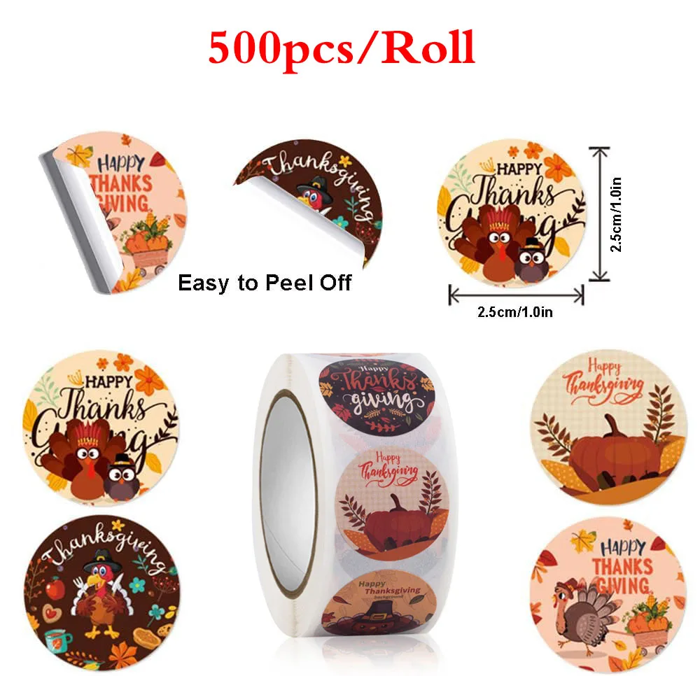 500Pcs Thanksgiving and Valentine's Day Roll Stickers Round Birthday Stickers Self-adhesive Labels Theme Seal DIY Card Box Gifts