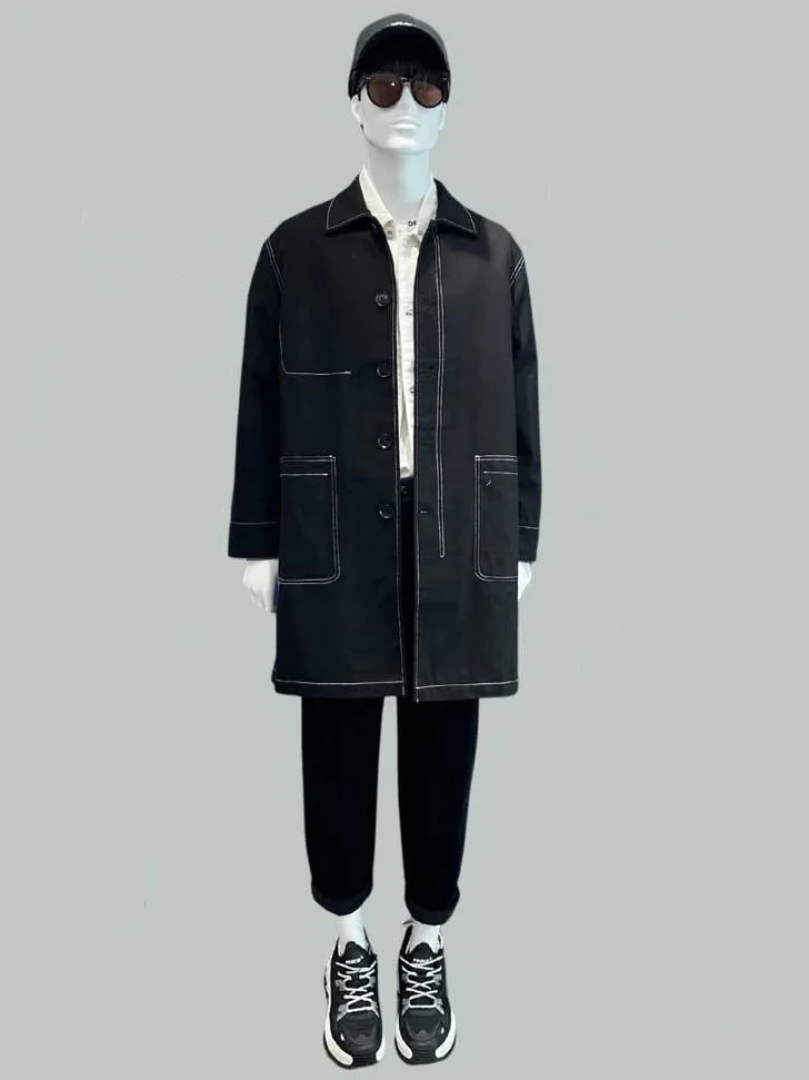 

Men's Casual Long Coat with Stand Collar And Stitching Lines Faionable Ci Sle Loose Fit Autumn Outerwear for Couples