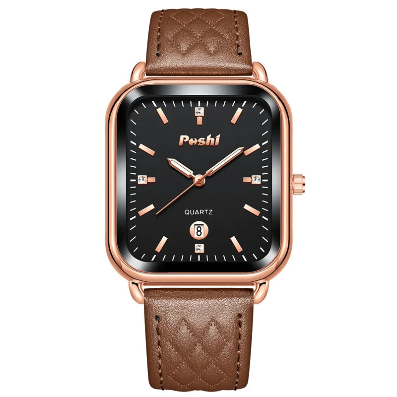 女性用スクエアクォーツ時計,高級時計,レザーブレスレット,カレンダー,耐水性,ギフト