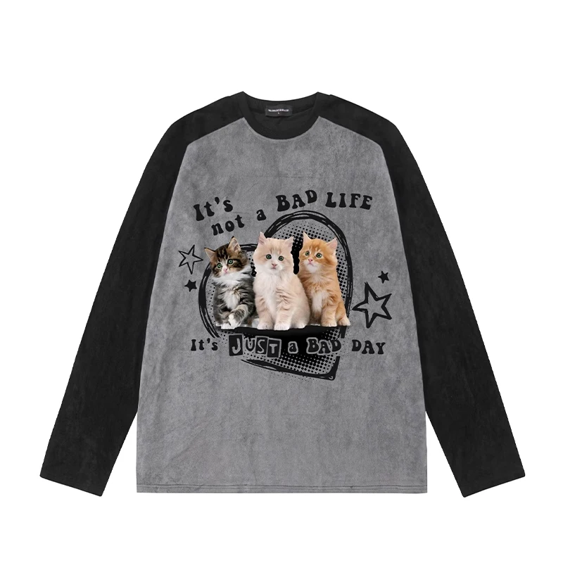 

Long Sleeve T-shirt Men's Women's Same Style Cat Printing Couple's Top Retro Loose Casual Color Matching Raglan Pullover Fashion