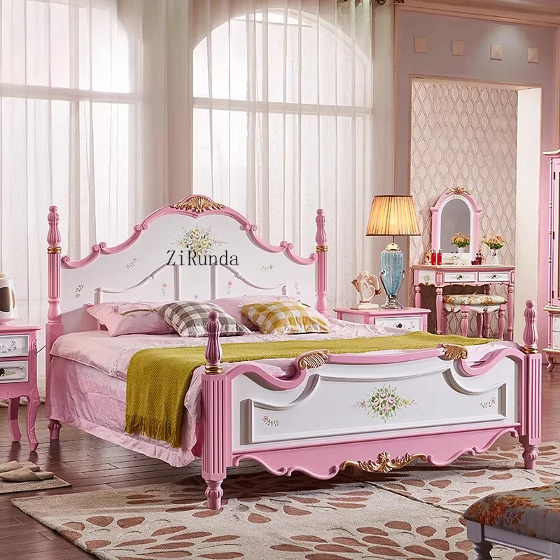 سرير الأميرة الوردي الأمريكي الريفي العتيق الخشب الصلب الرعوية القديمة 1.8 متر لوحة سرير الزفاف #4