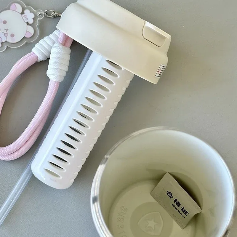 550ml Kawaii Rilakkuma Cartoon Print Thermos Cup Ice Cubes Sippy Water Cup Large Capacity Portable Lanyard Girls Birthday Gift