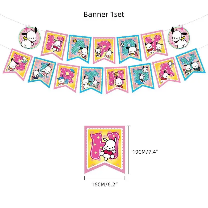 Sanrio Theme Party Decoration Anime Pochacco Pull The Flag Cake Flags Balloon Kawaii Party Decoration Set Birthday Scene Layout