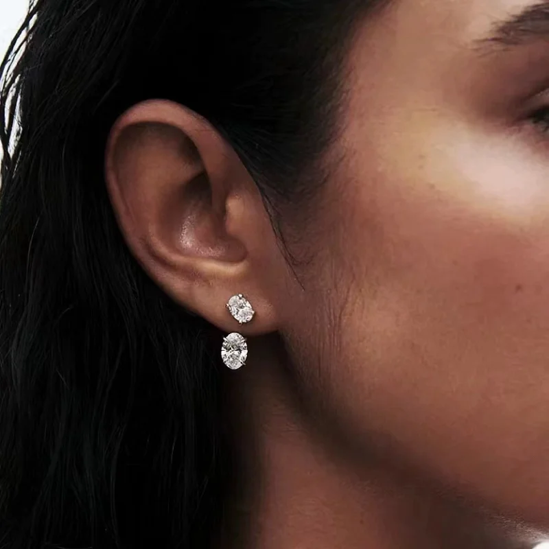 

Post-back double oval diamond earrings, 925 silver gold-plated, European and American ins-style high-end design, non-fading