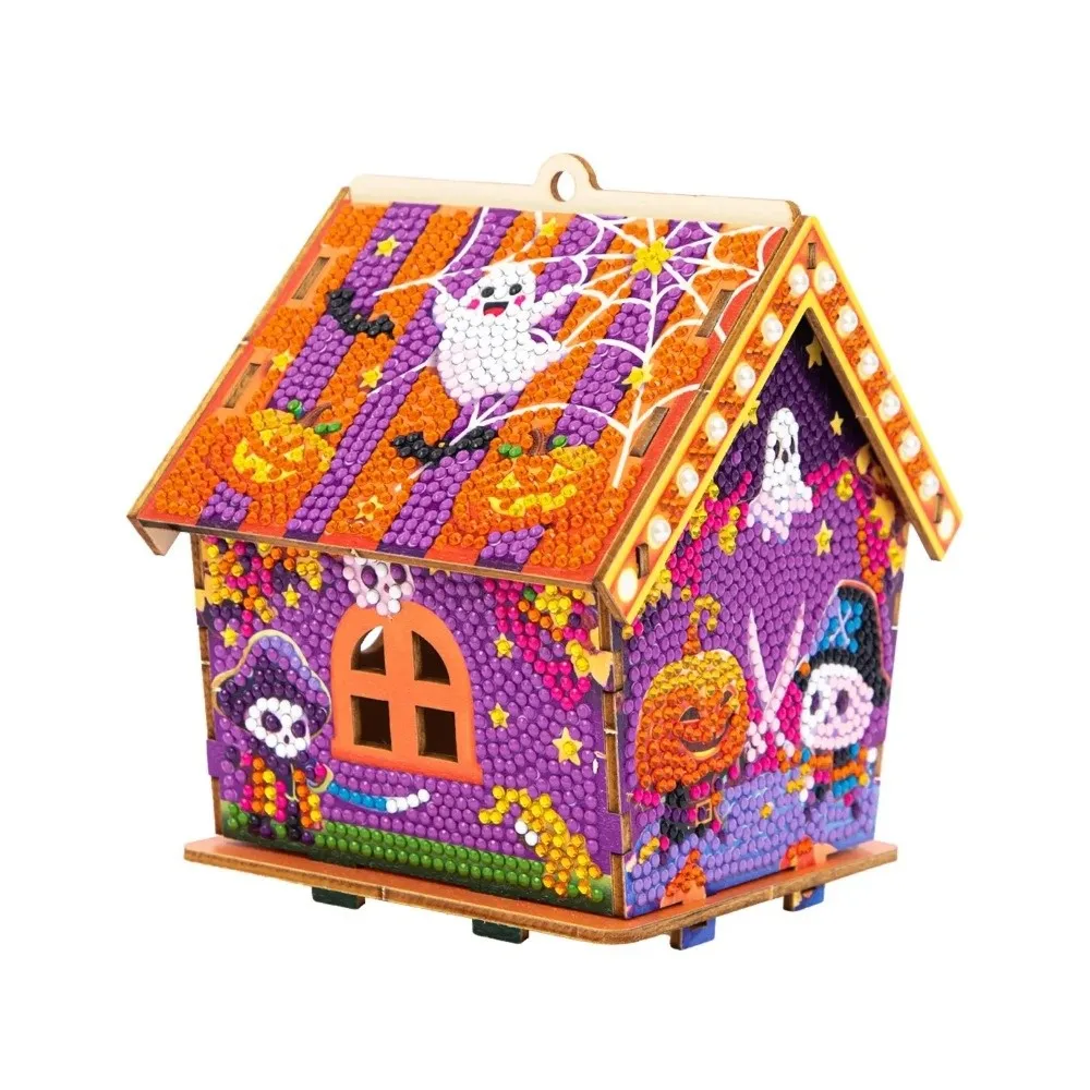 3D Wooden House Halloween Rhinestone Painting Kit Cute Ghost Pumpkin Pattern DIY Craft Kit Pearl Art Spooky Handmade Craft Set