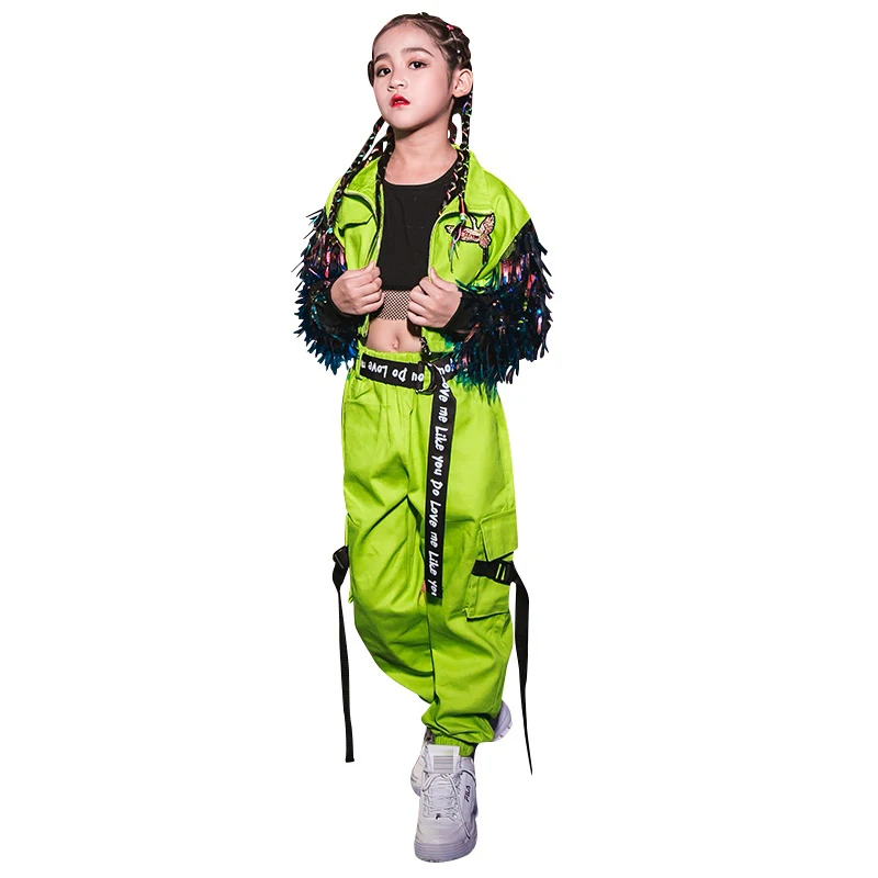Lantejoulas borla mangas verde jazz dança traje meninas hip hop desempenho roupas crianças moda rua dança palco outfits bl14016