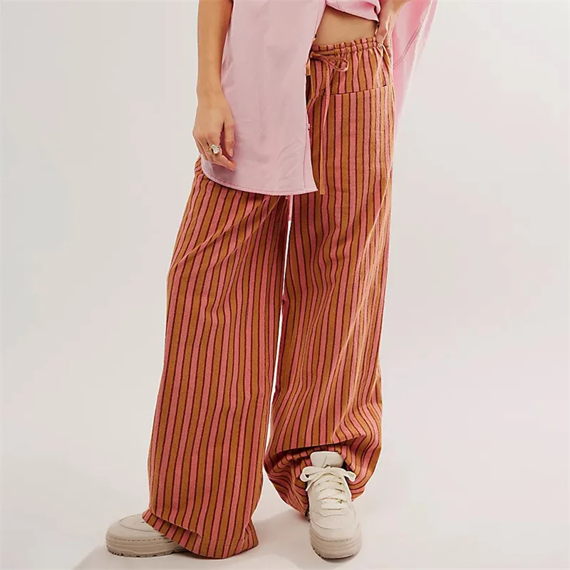 Women Lounge Striped Print Long Pants Elastic High Waist Loose Fit Straight Wide Leg Trousers Hip Hop Oversized Y2K Streetwear