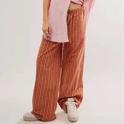 Women Lounge Striped Print Long Pants Elastic High Waist Loose Fit Straight Wide Leg Trousers Hip Hop Oversized Y2K Streetwear