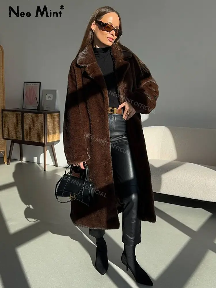 Neo Mint Luxury Faux Mink Fur Coat Women Iconic Brand 2024 Winter Long Outerwear Jacket Crystal Hooks Street Style Warm Overcoat