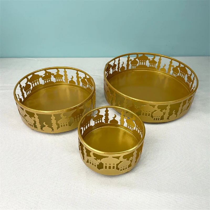 3pcs Ramadan Food Tray Gold White Castle Eid Mubarak Cake Candy Storage Tray for Middle East Muslim Party Home Table Decoration