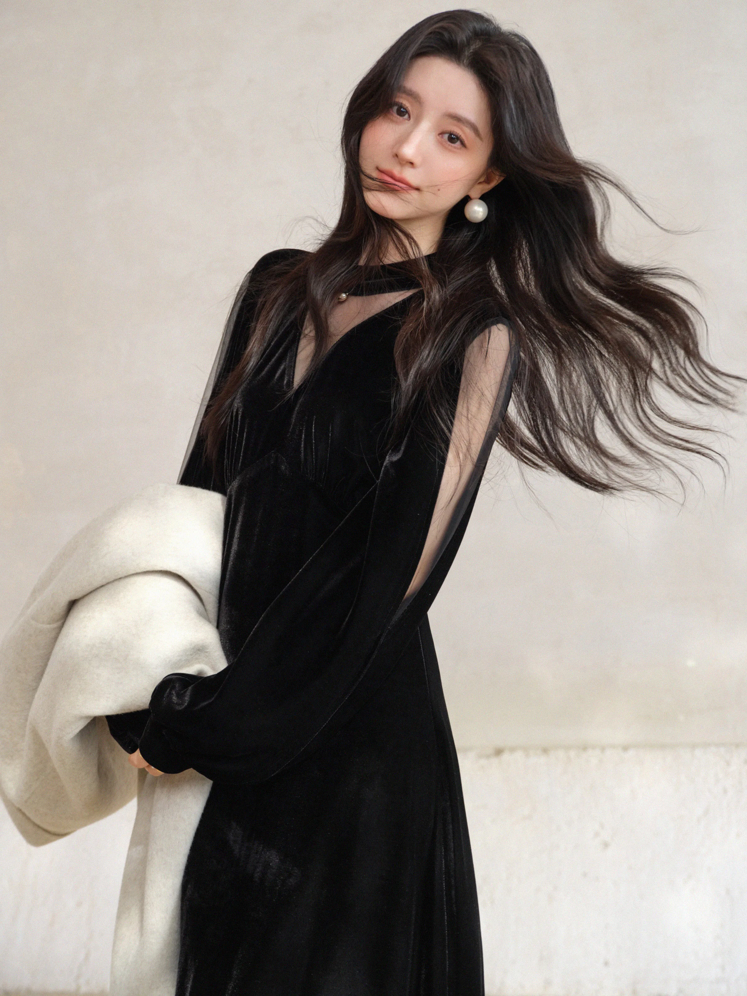 Samt-Maxikleid für Damen, elegant, V-Ausschnitt, Netzkleid, schmale Passform, Frühlings-Langarmkleid, schickes Abend-Outfit für den täglichen Anlass