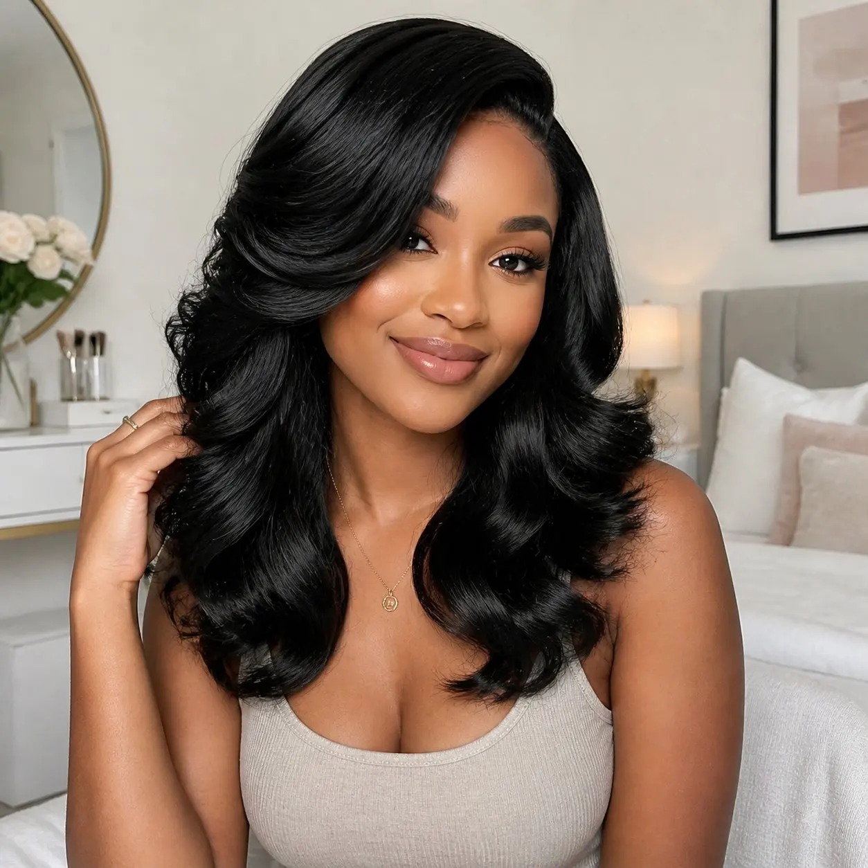 Ladies wig, 14-inch wavy synthetic hair, black, heat-resistant fiber, natural side part, suitable for daily wear and parties