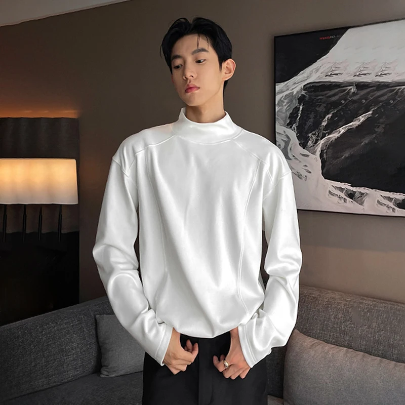 

American High Street Oversized Bottoming Shirts Men Thicken Half-High Collar Pullovers Tees Man Harajuku Patchwork Fleece Tops