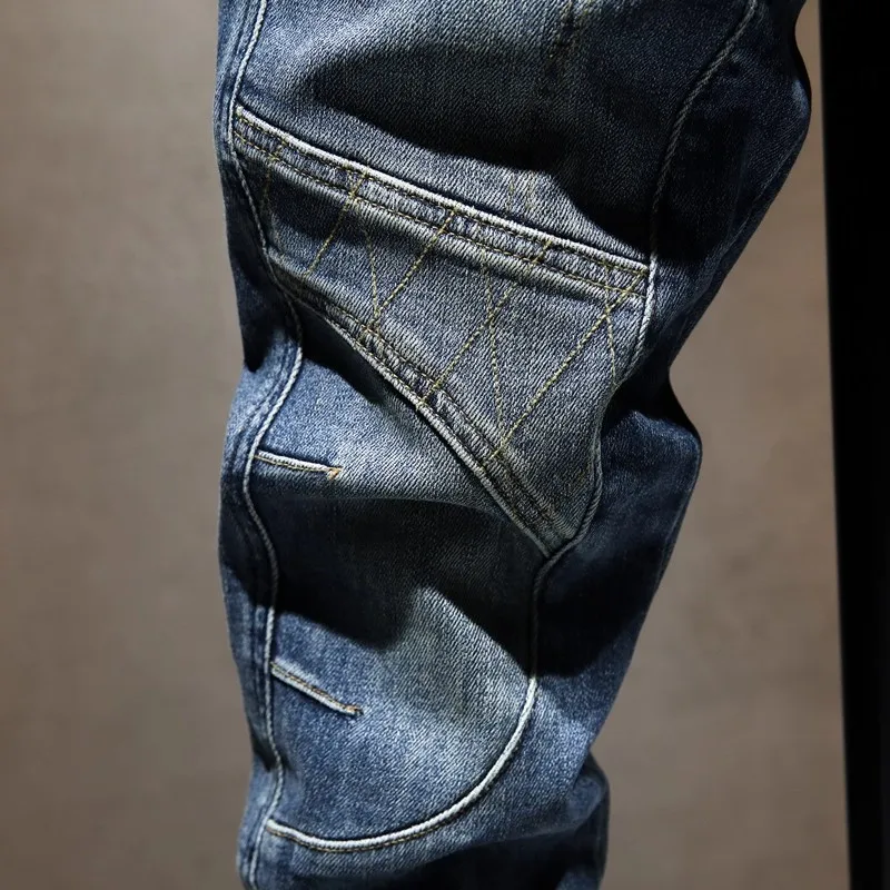 Street Designer Fashion Men Jeans Retro Blue Spliced Stretch Slim Fit Ripped Jeans Men Patched Hip Hop Denim Biker Pants Hombre