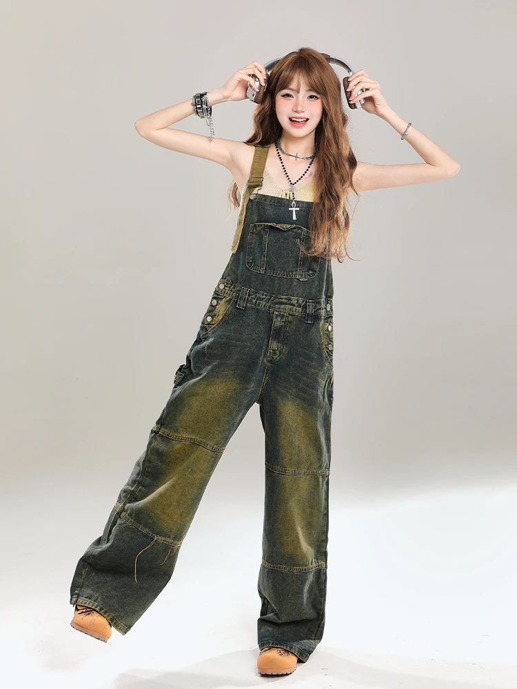 American Retro Workwear Denim Overalls Women Summer New Style Super Beautiful Loose Straight Floor-Length Strap Pants