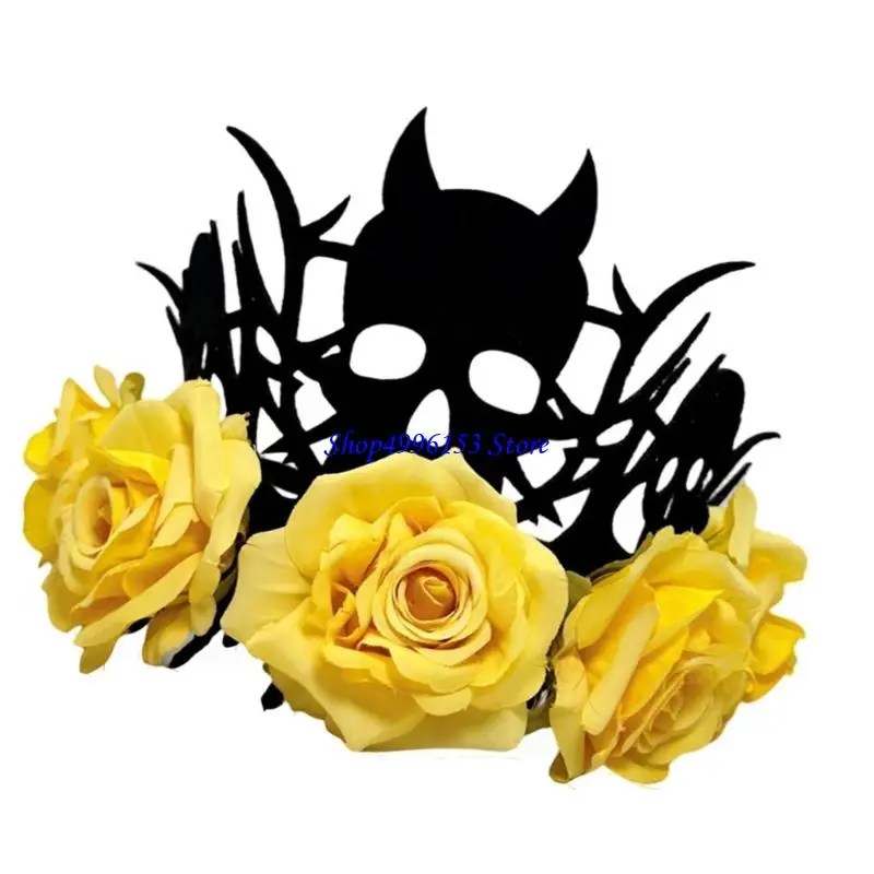 Q0ke Halloween -kopstuk Witch Devil Crowns met rozenbloemontwerp zachte stof kostuum accessoire voor volwassenen kinderen
