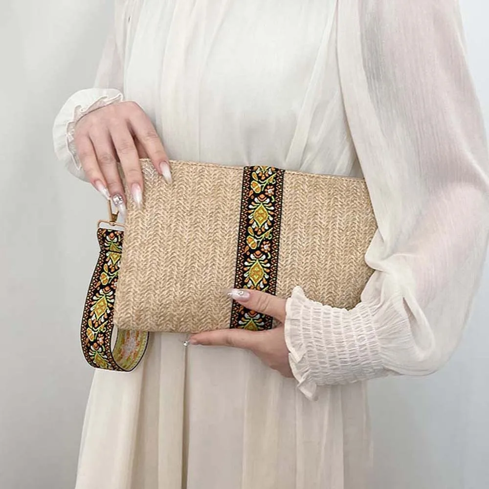 

Versatile Straw Weaving Wallet Retro Large Capacity Female Phone Organizer Khaki Multi-function Lady Hand-held Purse Party