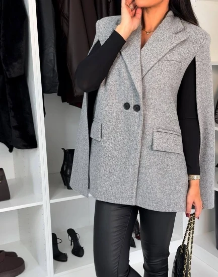 Women's Coat Elegant Commuting Work Outfit Solid Color Loose Fitting Notched Collar Cape Sleeve Flip Design Shawl Blazer Coat